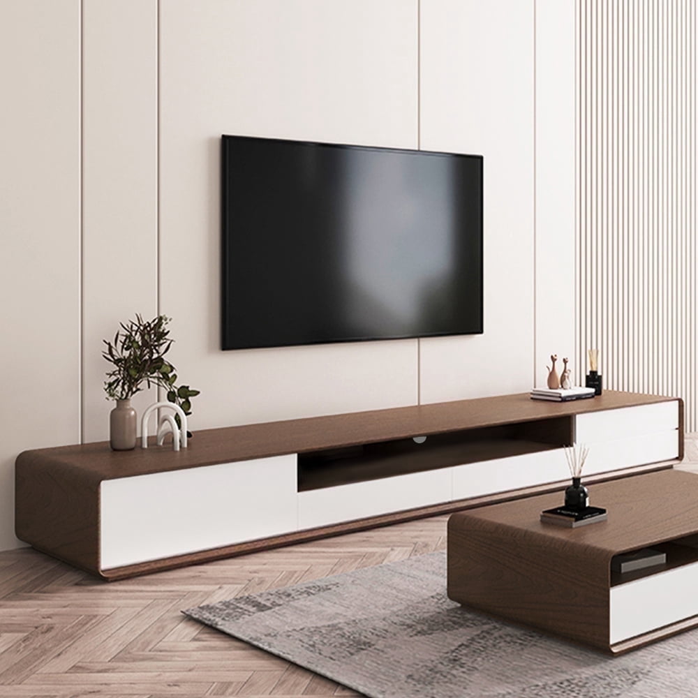 POVISON Modern Wood TV Stand, Lowline TV Console With Drawers, Open ...