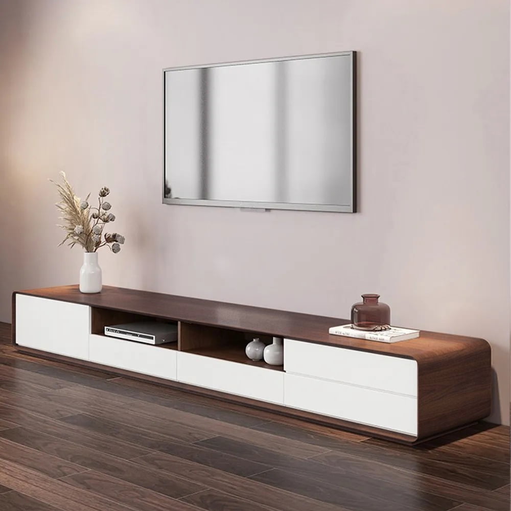 POVISON Modern Wood White TV Stand, Lowline Media Console with 4 Drawers, Open Storage Cabinet, Walnut Veneer, Fully-assembled, 94"