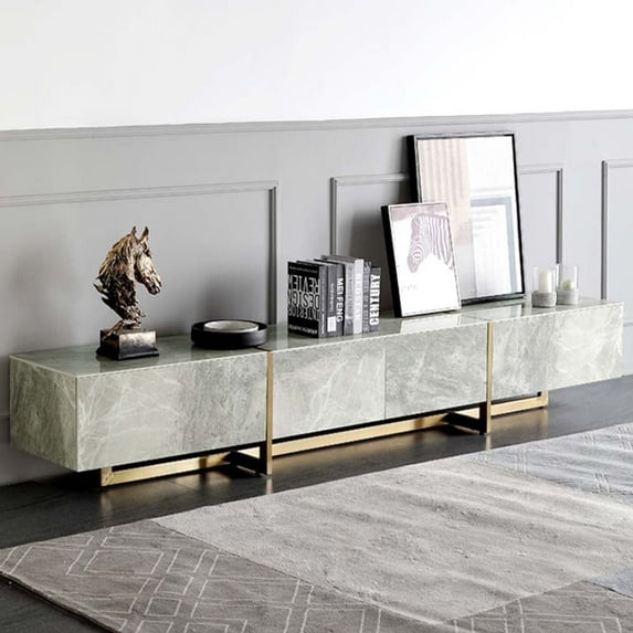 POVISON Stone TV Stand, Modern Media Console with 4 Pinewood Drawers, Stainless Steel Frame, Gray, Luxury, Fully-assembled, 78.7"