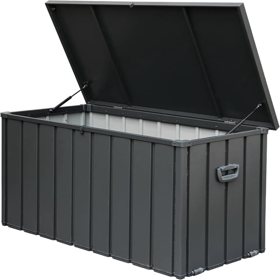 POWANLI 100 Gallon Large Resin Deck Box,Outdoor Garden Waterproof Storage Box, Throw Pillows, Garden Tools and Pool-Supplies, Lockable (Dark Gray)