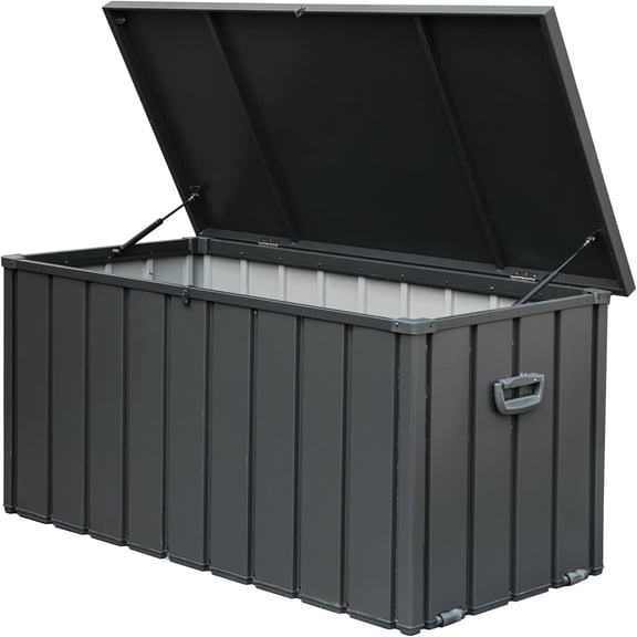 POWANLI 100 Gallon Large Resin Deck Box,Outdoor Garden Waterproof Storage Box, Throw Pillows, Garden Tools and Pool-Supplies, Lockable (Dark Gray)