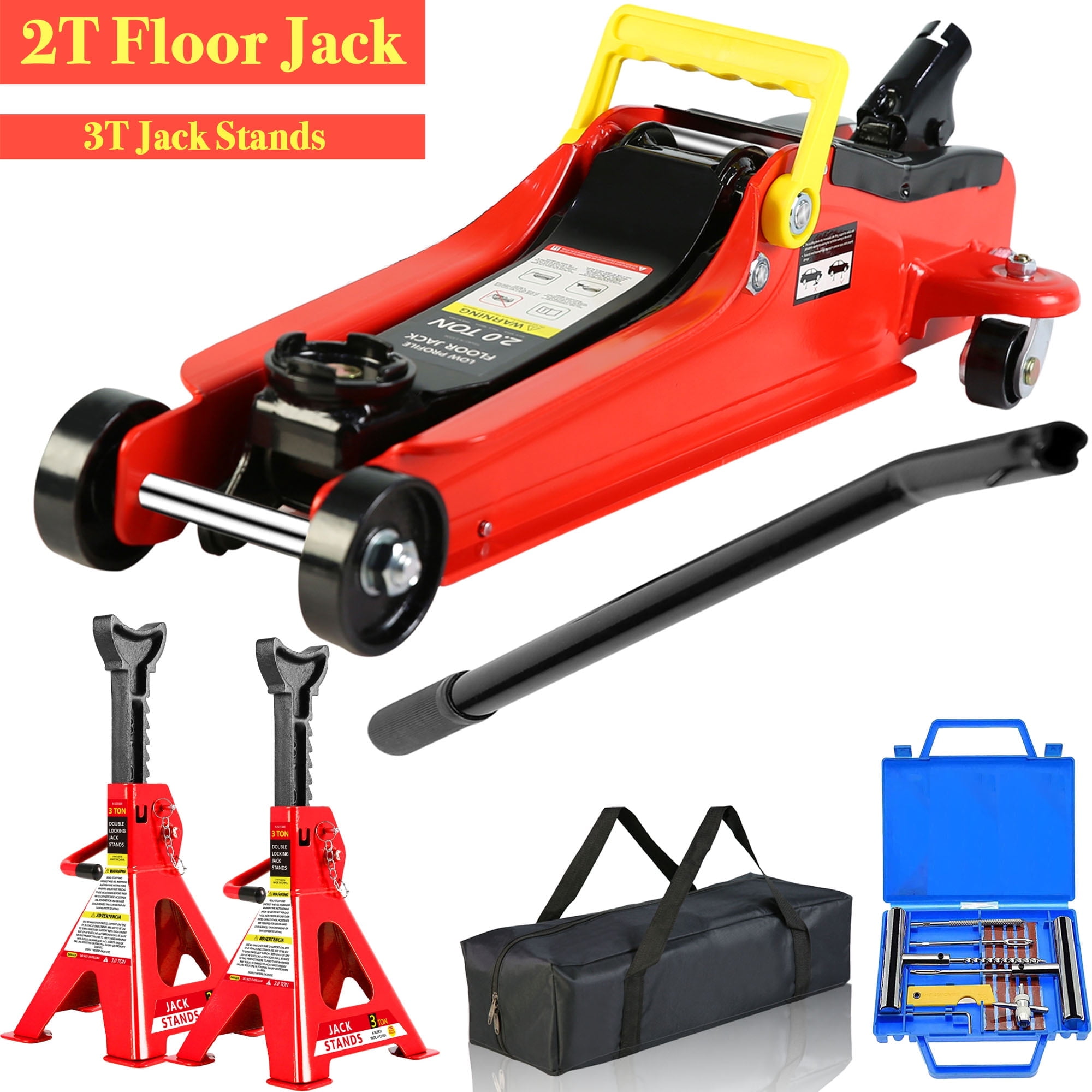 POVANLI  2 Ton Low Profile Floor Jack with 3T jack stand Tire Repair Kit Heavy Duty Steel Racing Floor Jack with Single Piston Quick Lift Pump, Floor Jack Lifting Range 3.3"-15.2" Red