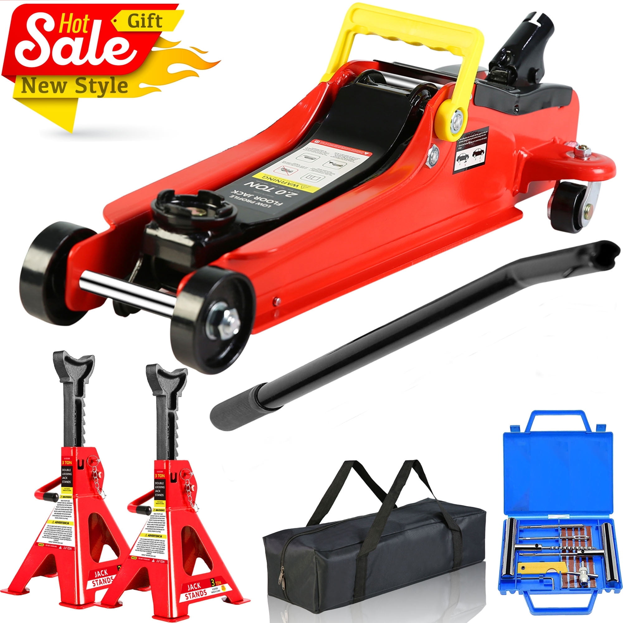 POWANLI 2 Ton Low Profile Floor Jack with 3T jack stand Tire Repair Kit ...