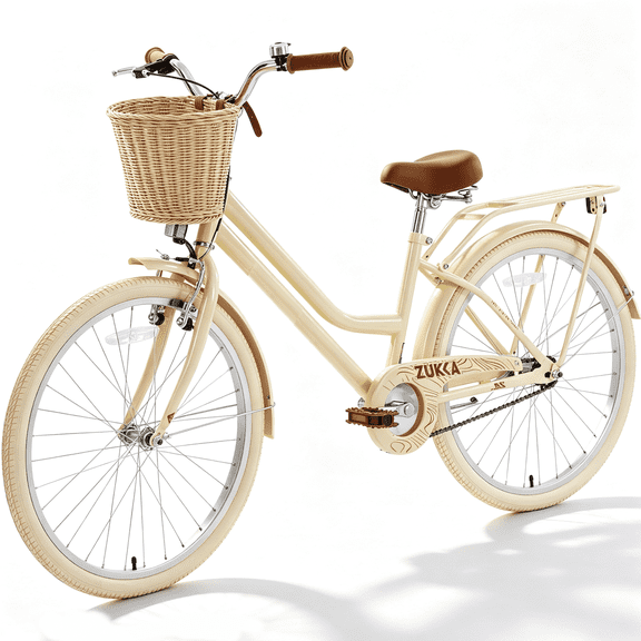 POVANLI 24" City Bike for 8-12 Years Old, Steel Frame Bike,Women Bike with Basket Yellow