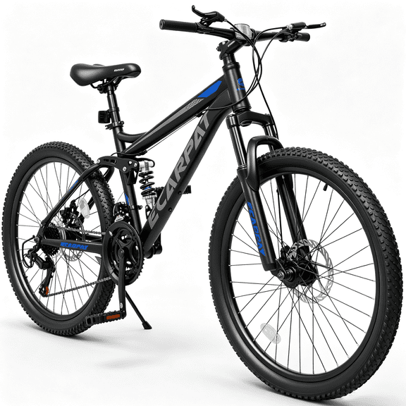POVANLI 24 Inch Mountain Bike,Dual Full Suspension, Carbon Steel Frame Mountain Bike for Men Women, Go to Work with 21-Speed Disc Trail Commuter City Ages 12+, Gift(Gray)