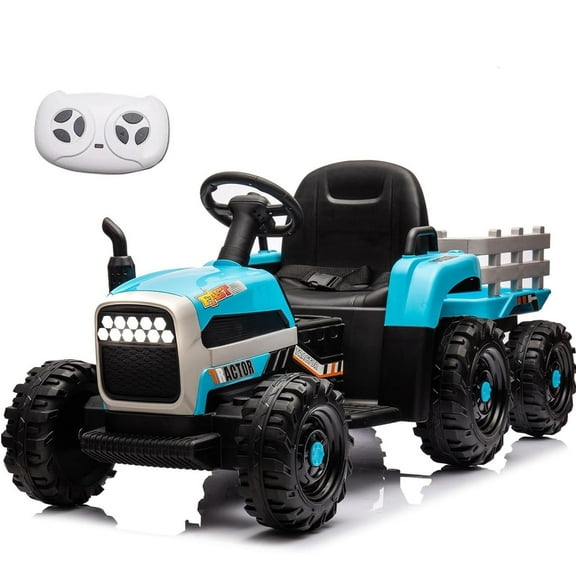 POVANLI 24V Ride on Tractor with Trailer,200w*2 motor Electric Tractor Toy with Remote Control, Electric car with 3 speed adjustable,USB,MP3,Bluetooth,LED light,safety belt for 3-6 girls,boys Blue