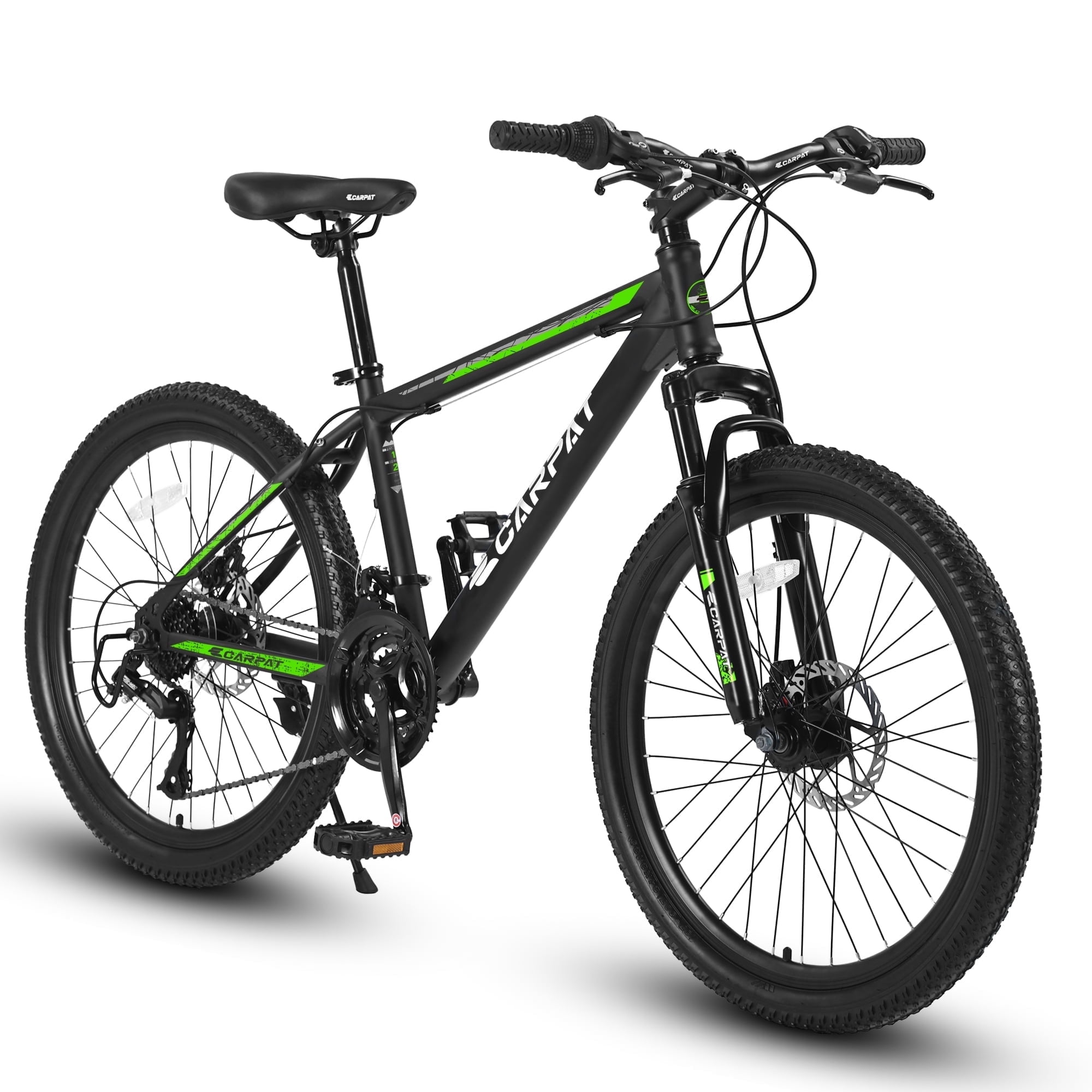 POVANLI  26" Steel Frame Mountain Bike for Adult, with 21 Speeds Dual Disc Brakes and Front Suspension MTB, Black&Green (Gift)