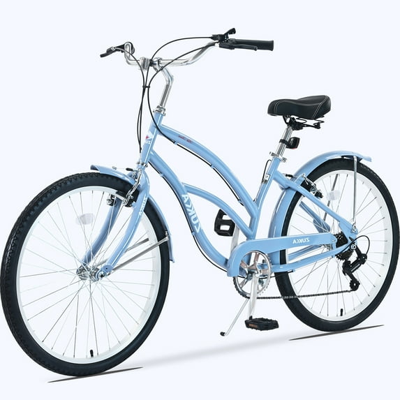 POVANLI 26 inch Beach Cruiser Bikes,Steel Frame Single Speed Bicycles Suitable for teenagers aged 13 and above and adults, Double V brakes,Comfort Grips,85%Assembled,Gift(Light Blue)