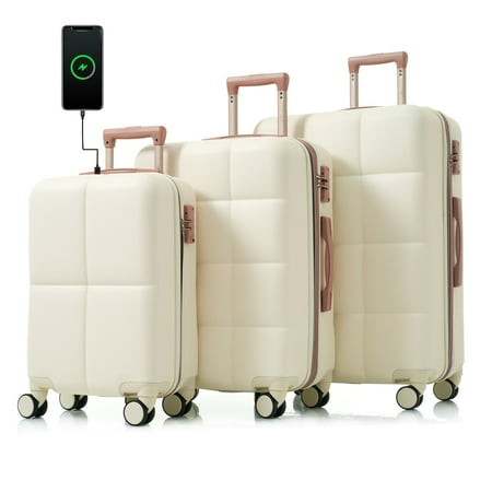 POWANLI 3PCS Luggage Set,20'' Luggage with USB Port, Airline Certified Carry-on Luggage set with Cup Holder, ABS Hard Shell Luggage with Spinner Wheels Beige+Gold
