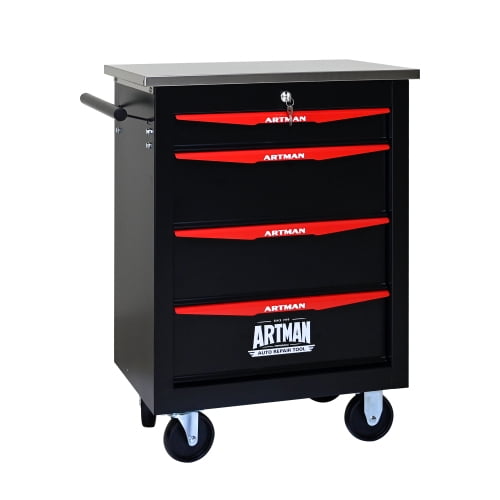 POVANLI 4 Drawer Portable Tool Box With Wheels,Tool Chest With Key Locking Tool Boxes/Organizers Black&Red