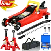 CAMSCH Car Jack Set, 2 Ton Low Profile Floor Jack, Two 3T Jack Stand, Tire Repair Kit, L-Wrench, 4000LBS Trolley Jack for Car, Truck, SUV, Quick Lift 3.3''-15.2'' Red