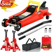POVANLI Car Jack Set, 2 Ton Low Profile Floor Jack, Two 3T Jack Stand, Tire Repair Kit, L-Wrench, 4000LBS Trolley Jack for Car, Truck, SUV, Quick Lift 3.3''-15.2'' Red