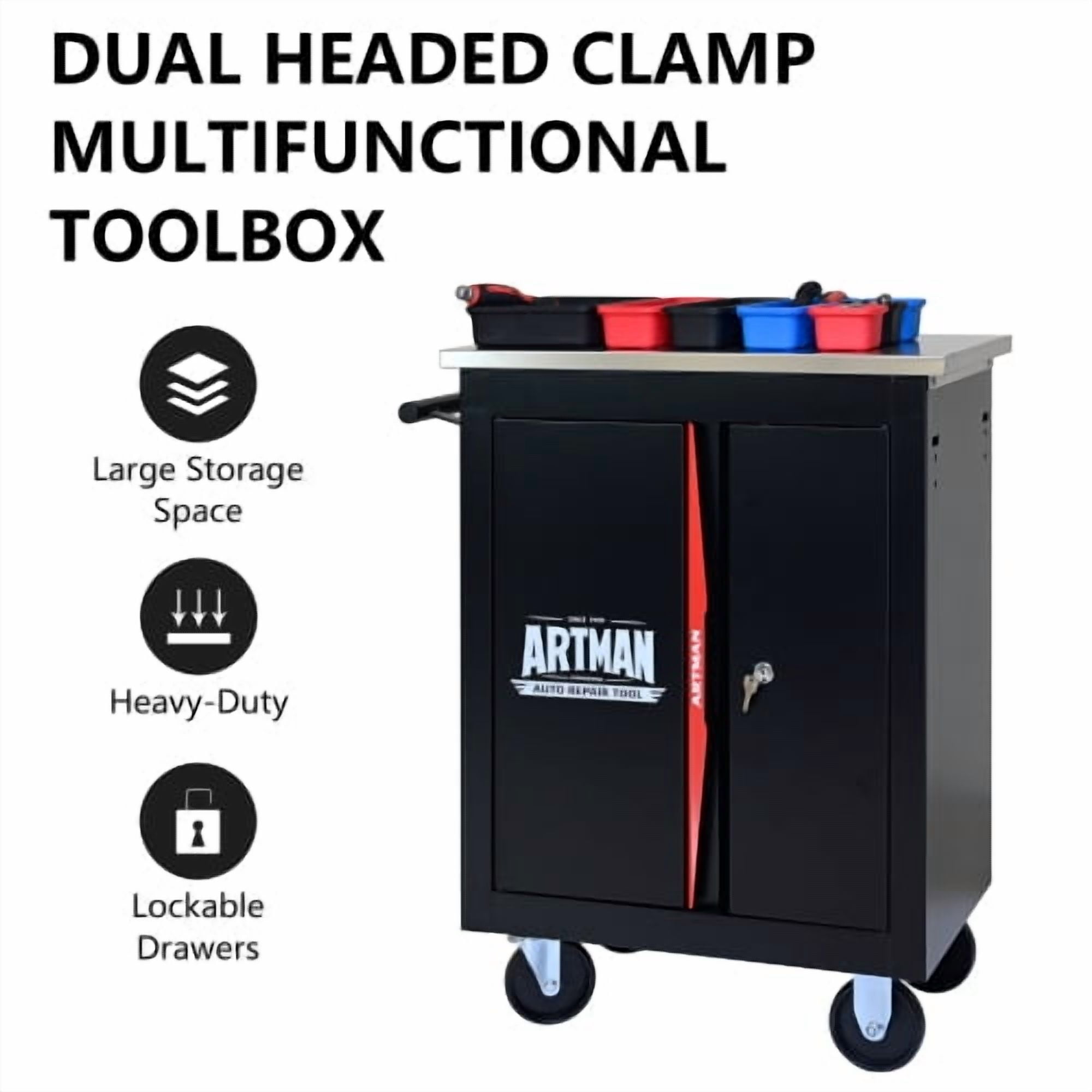 POVANLI Double Portable Tool Box With Wheels,Tool Chest With Key Locking Tool Boxes/Organizers Black&Red