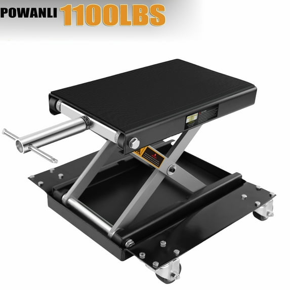 POWANLI Motorcycle Lift, 1100 lb Capacity Motorcycle Jack with Wide Deck,Motorcycle Scissor Lift Jack with Dolly and Hand Crank Bikes Garage Repair Hoist Stand