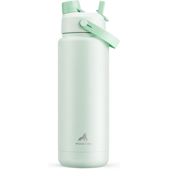 POWCAN 32 oz Insulated Water Bottle with 2-in-1 Straw and Spout Lid, Keep Cold 24H, Leak-Proof, BPA-Free, Double Wall Stainless Steel Water Bottle for Sports, Gym, Travel, and School (Mint)