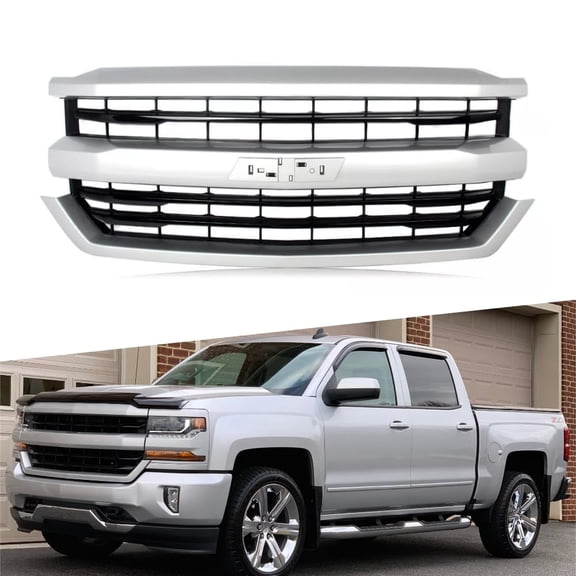 POWECHOX Front Grill Fit For Chevy Silverado 1500 2016 2017 2018 Models, Silver Ice W/Black Mesh