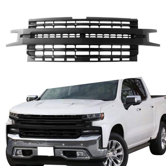 POWECHOX Front Grill Fit For Chevy Silverado 1500 2019 2020 2021 Models, Matte Black W/Black Insert