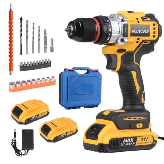 VQJTCVLY 21V MAX Brushless Cordless Drill Set, Power Drill Kit with Battery and Charger, 3/8-Inch Keyless Chuck, Variable Speed, 18 Position and 26pcs Drill Bits (Yellow)