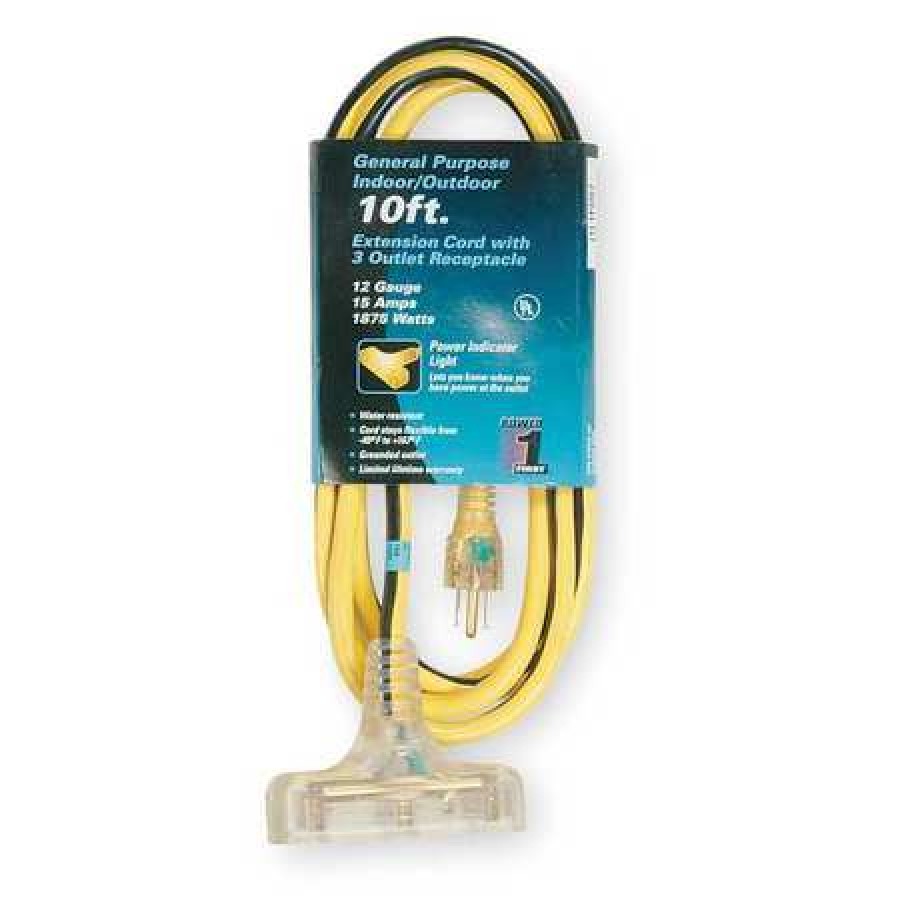 Power First 10 ft. Indoor/Outdoor 125V Extension Cord, 15 Max. Amps, Yellow with Black Stripe - 1FD67