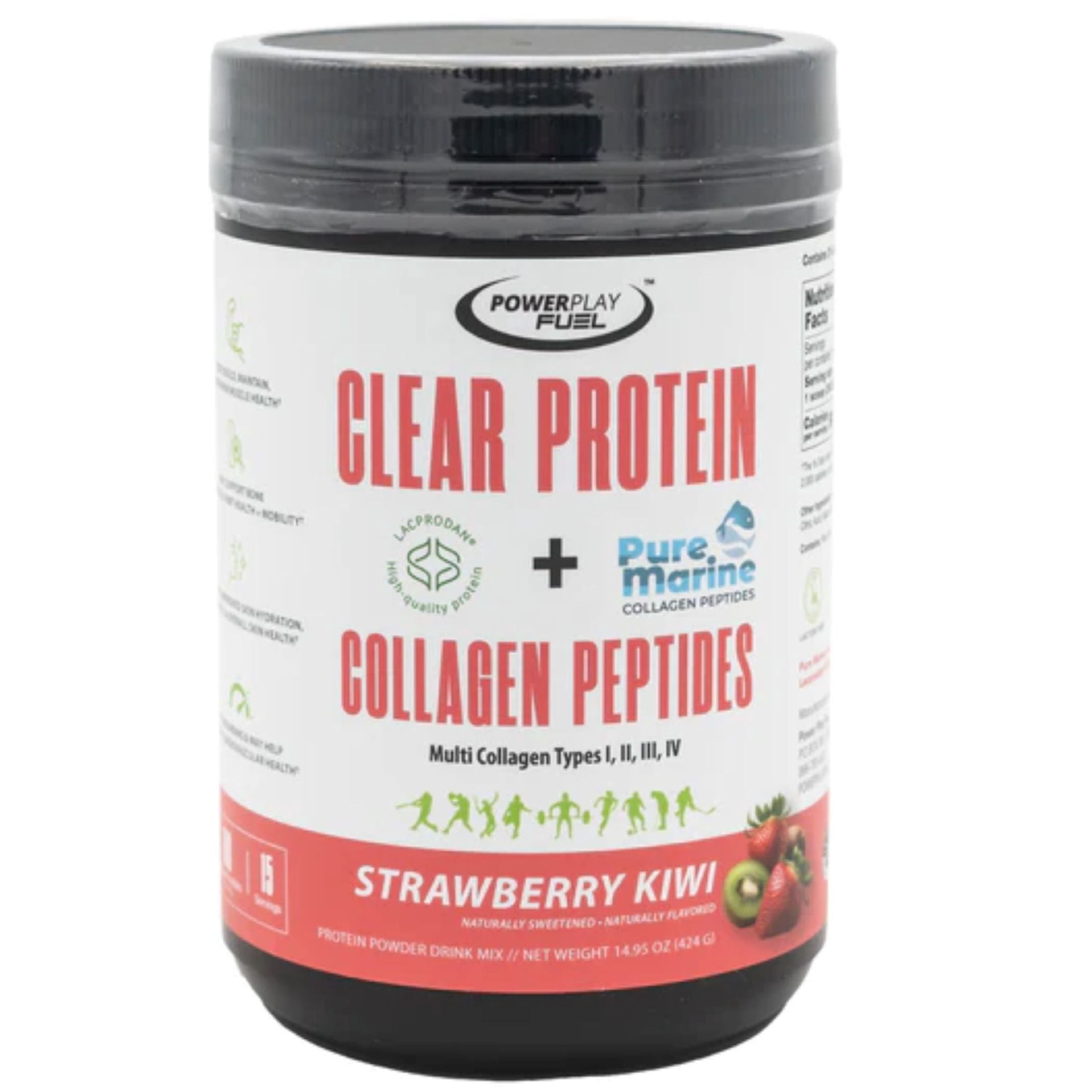 POWER PLAY FUEL Clear Protein & Collagen Peptides Protein Powder Drink Mix - Naturally Sweetened & Flavored Protein + Marine Collagen - 15 Servings (Strawberry Kiwi)