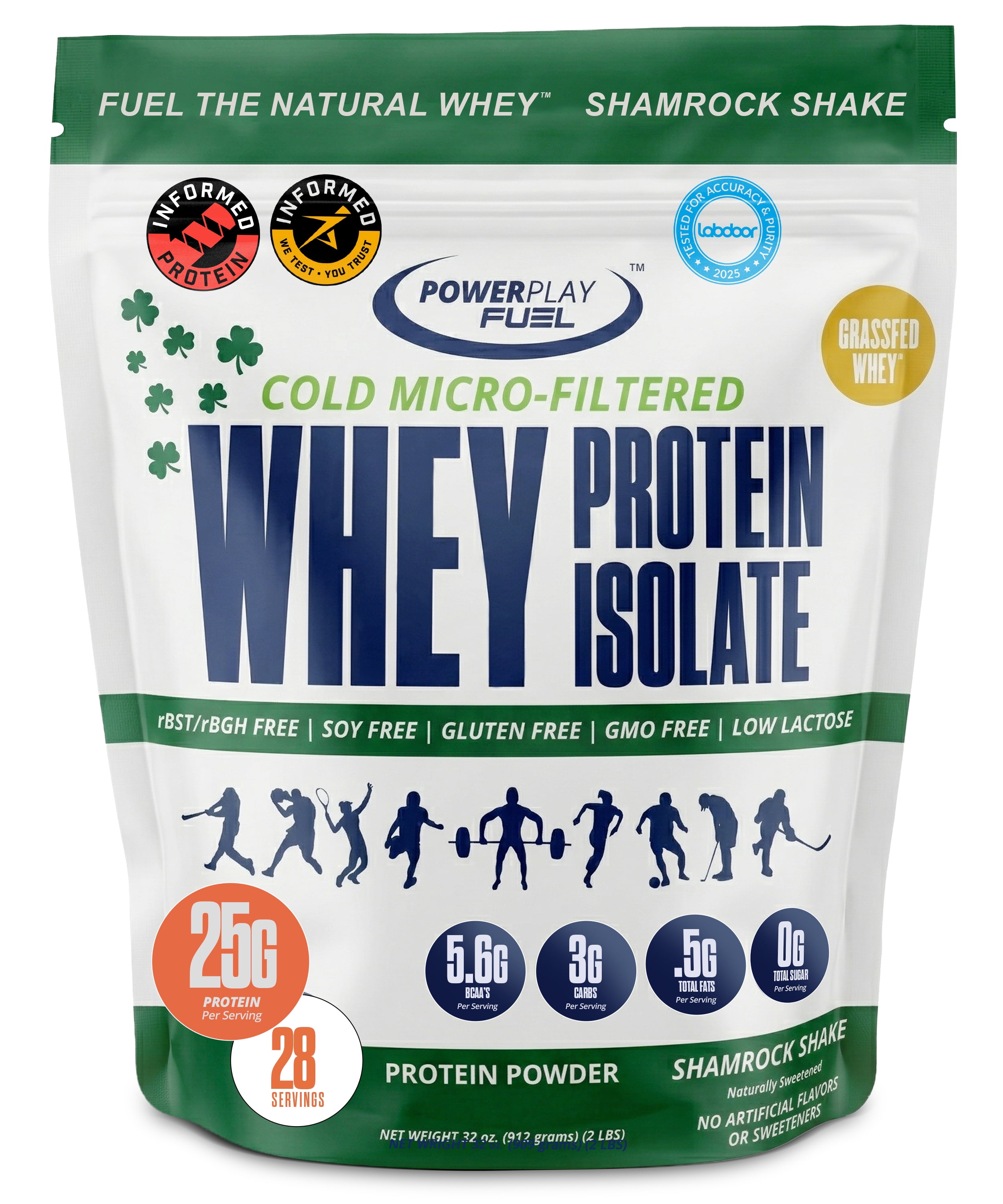 POWER PLAY FUEL Cold Micro-Filtered Whey Protein Isolate Powder, Shamrock Shake 32oz, 28 Servings