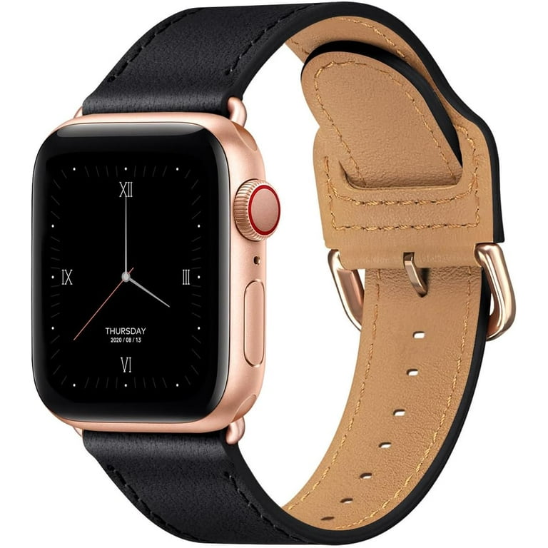 POWER PRIMACY Leather Bands Compatible with Apple Watch Band 38mm 40mm 41mm  42mm 44mm 45mm 49mm, Genuine Leather Strap Compatible for Women Men iWatch  SE Ultra Series (Black/Rosegold) Black/Rosegold 38mm 40mm 41mm 