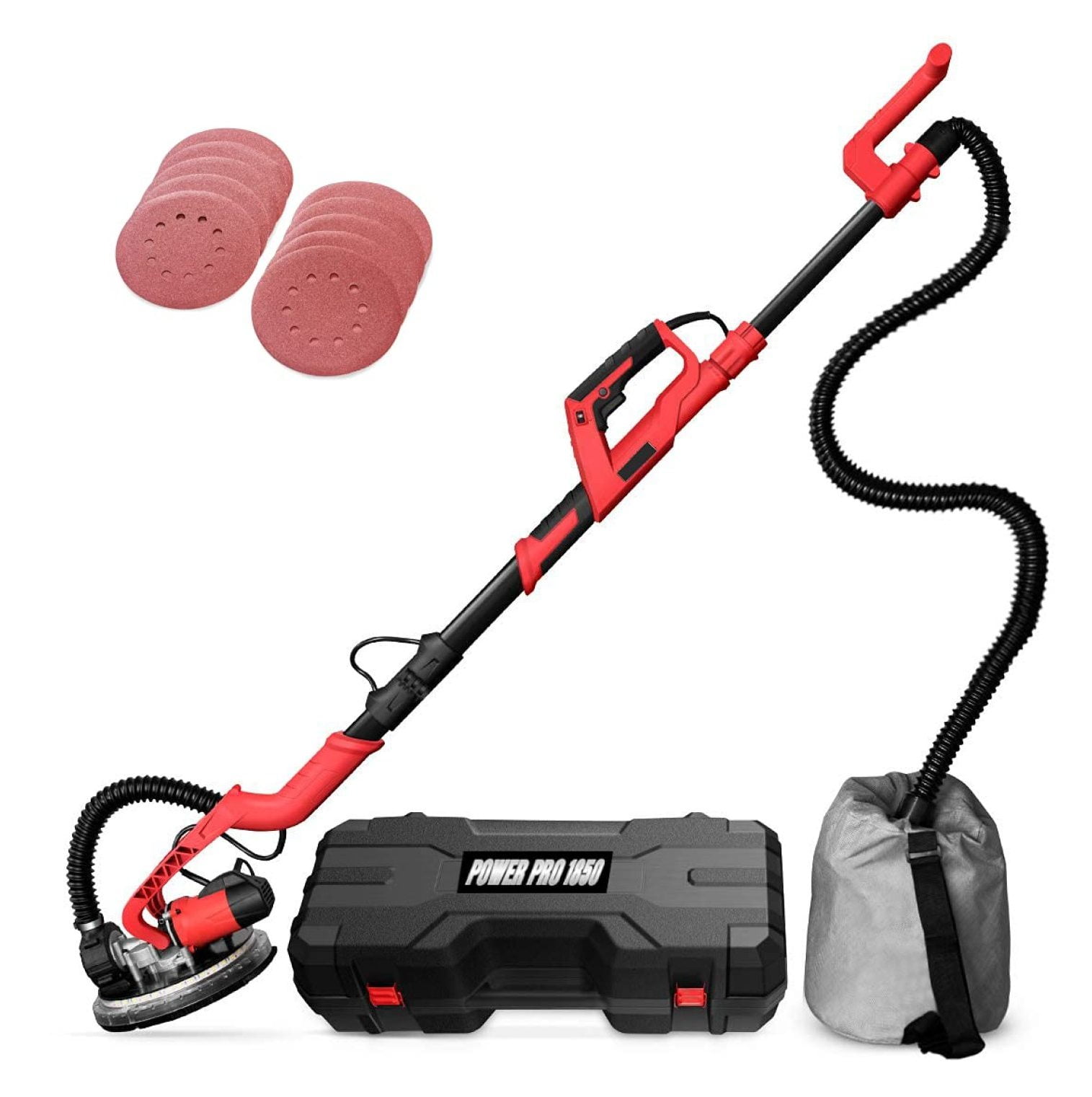 POWER PRO 1850 Electric Drywall Sander - Variable Speed 1000-1850rpm, 750 Watts, with Automatic Vacuum System, LED Light, and Tool Case (1850)