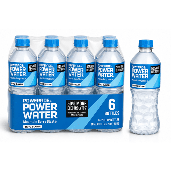 POWERADE Power Water Zero Sugar Mountain Berry Blast Flavored Electrolyte Water, 20 fl oz Bottles, 6-Pack