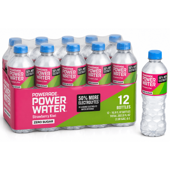 POWERADE Power Water Zero Sugar Strawberry Kiwi Flavored Electrolyte Water, 16.9 fl oz Bottles, 12-Pack