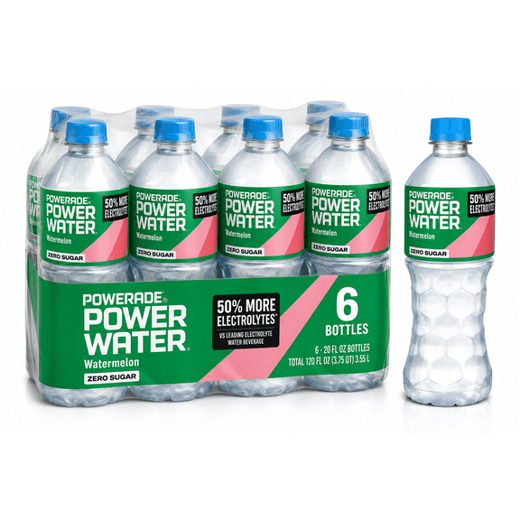 POWERADE Power Water Zero Sugar Watermelon Flavored Electrolyte Water, 20 fl oz Bottles, 6-Pack