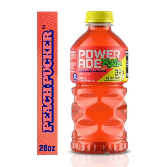 POWERADE XTRA SOUR Peach Pucker Electrolyte Sports Drink, 28 fl oz Bottle (4Pack)