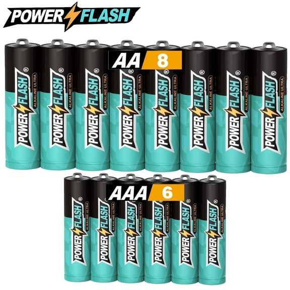 POWERFLASH AAA6+AA8 Pack Batteries with Long-Lasting Power, Leak-Resistant Design, 10-Year Freshness Guarantee, Alkaline Premium Batteries for TV Remotes, Keyboards, Wireless Mice