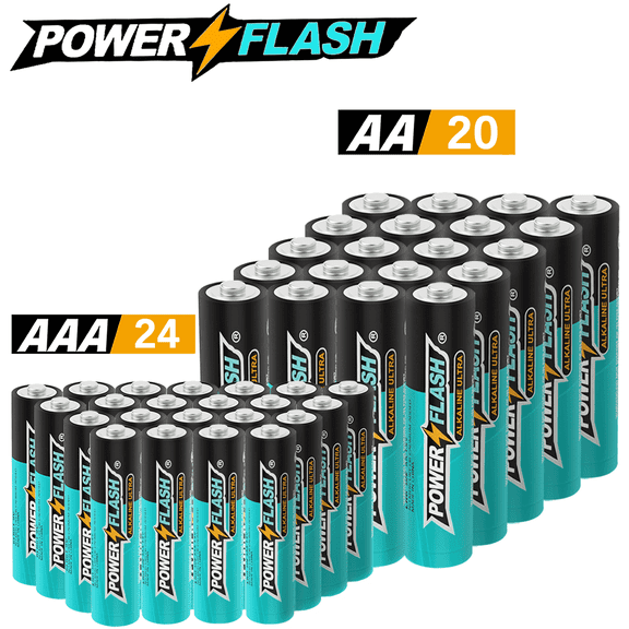 POWERFLASH Small Pack AA20+AAA24 Count with 10 Year Leak-Free Warranty, Long-lasting Power - Alkaline 1.5V Compact Size for Remote Controls, Toys & Keyboards