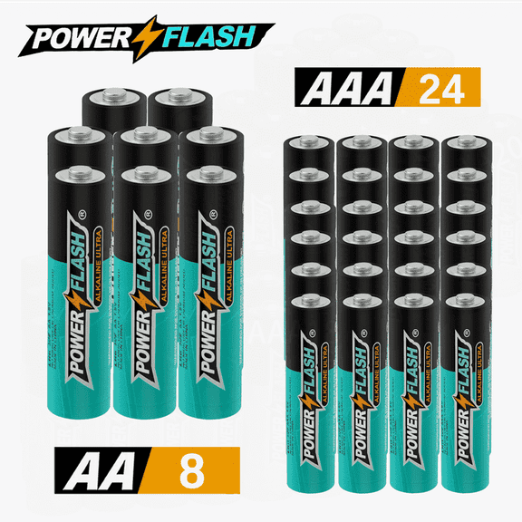 POWERFLASH Small Pack AA8+AAA24 Count with 10 Year Leak-Free Warranty, Long-lasting Power - Alkaline 1.5V Compact Size for Remote Controls, Toys & Keyboards