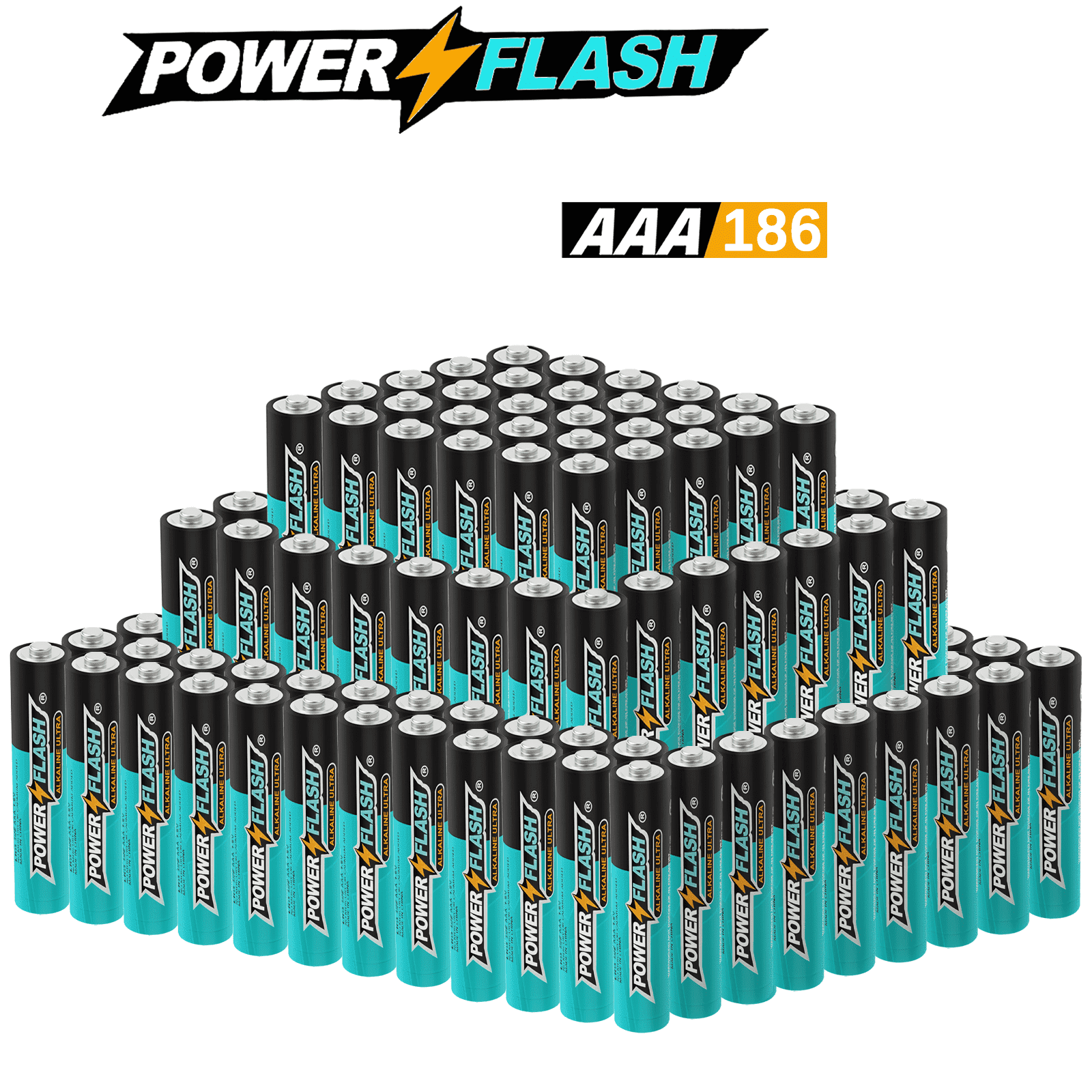 POWERFLASH Small Pack AAA-186 Count with 10 Year Leak-Free Warranty, Long-lasting Power - Alkaline 1.5V Compact Size for Remote Controls, Toys & Keyboards