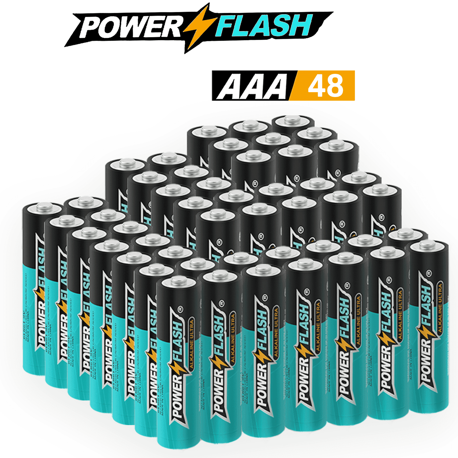 POWERFLASH Small Pack AAA-48 Count with 10 Year Leak-Free Warranty, Long-lasting Power - Alkaline 1.7V Compact Size for Remote Controls, Toys & Keyboards