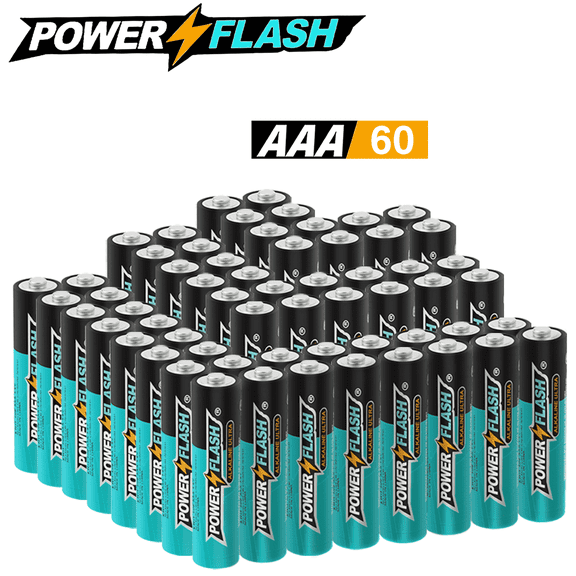 POWERFLASH Small Pack AAA-60 Count with 10 Year Leak-Free Warranty, Long-lasting Power - Alkaline 1.8V Compact Size for Remote Controls, Toys & Keyboards