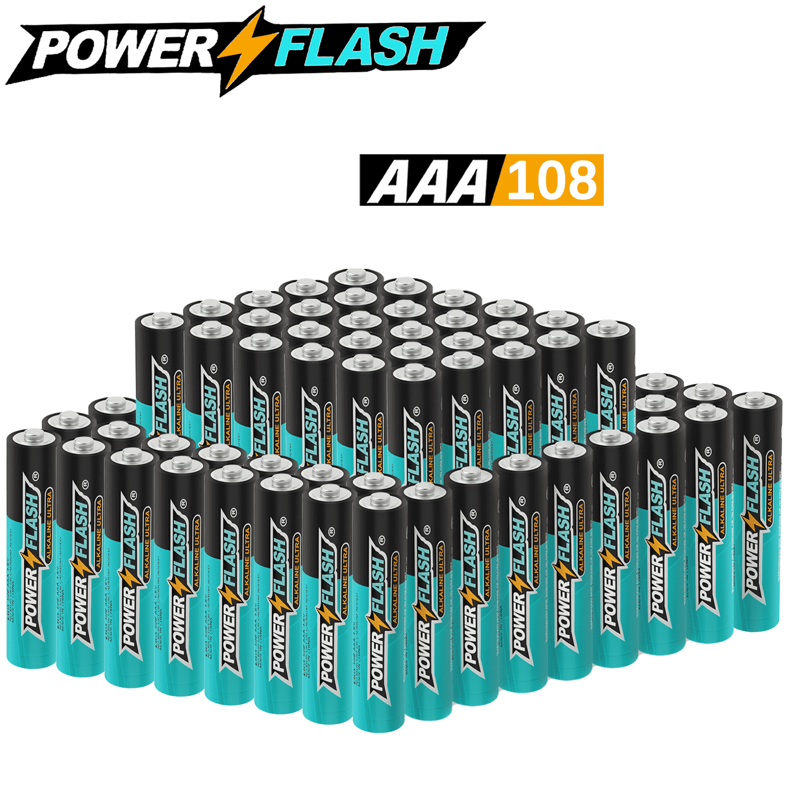 POWERFLASH Small Pack AAA-108 Count with 10 Year Leak-Free Warranty, Long-lasting Power - Alkaline 1.9V Compact Size for Remote Controls, Toys & Keyboards