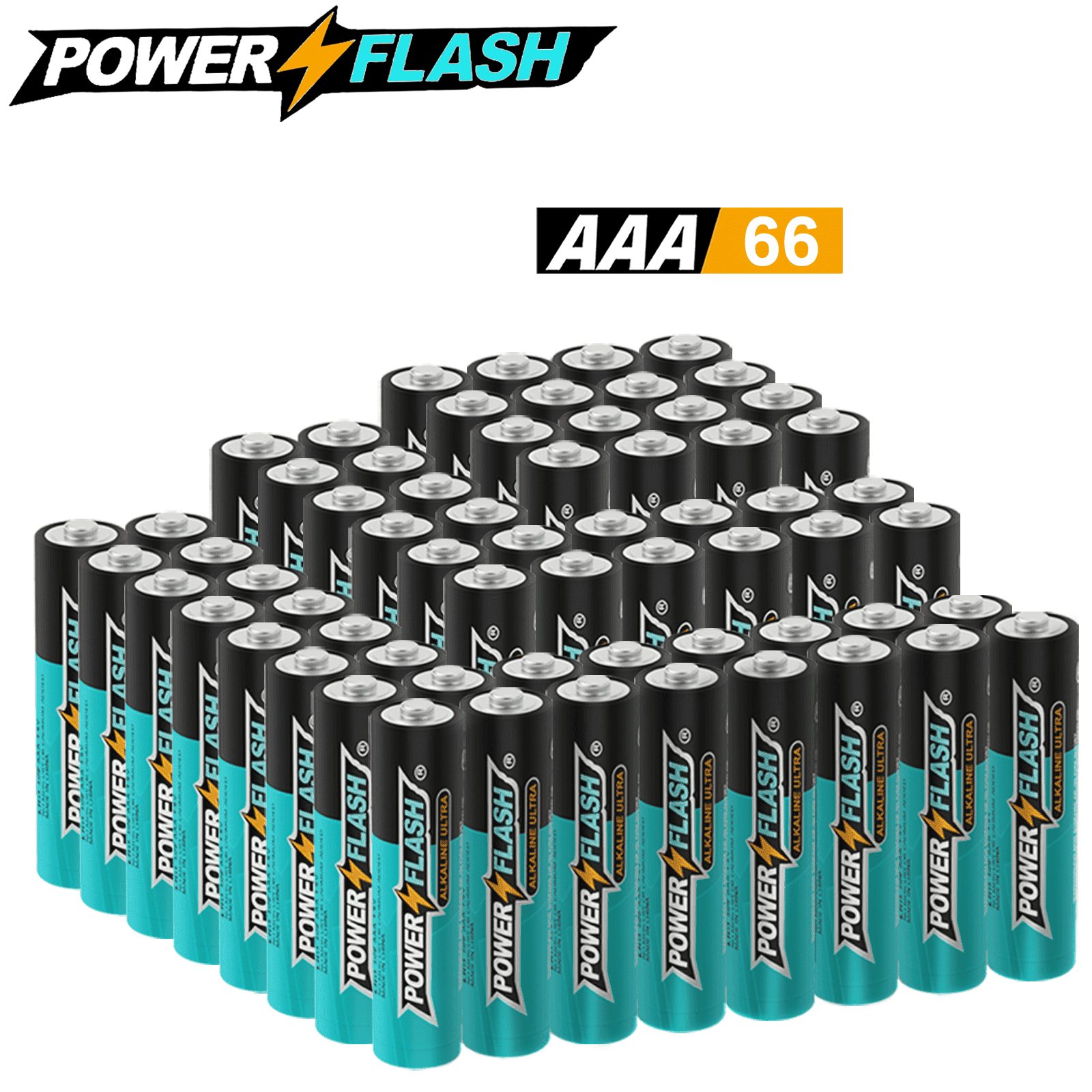 POWERFLASH Small Pack AAA-66 Count with 10 Year Leak-Free Warranty, Long-lasting Power - Alkaline 1.5V Compact Size for Remote Controls, Toys & Keyboards