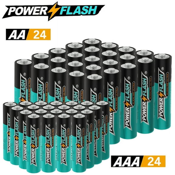 POWERFLASH Small Pack AAA24+AA24 Count with 10 Year Leak-Free Warranty, Long-lasting Power - Alkaline 1.5V Compact Size for Remote Controls, Toys & Keyboards