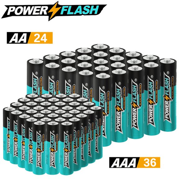 POWERFLASH Small Pack AAA36+AA24 Count with 10 Year Leak-Free Warranty, Long-lasting Power - Alkaline 1.5V Compact Size for Remote Controls, Toys & Keyboards