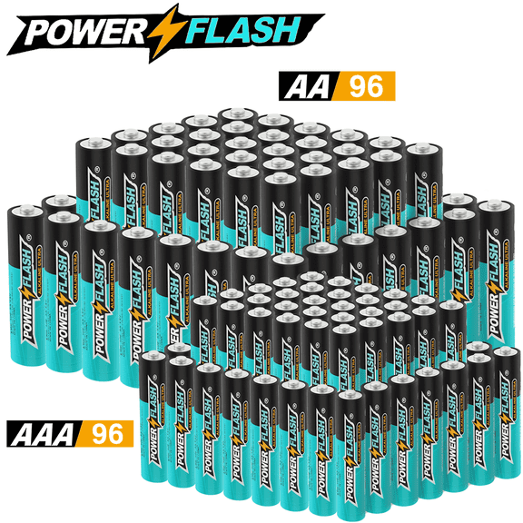 POWERFLASH Small Pack AAA96+AA96 Count with 10 Year Leak-Free Warranty, Long-lasting Power - Alkaline 1.5V Compact Size for Remote Controls, Toys & Keyboards