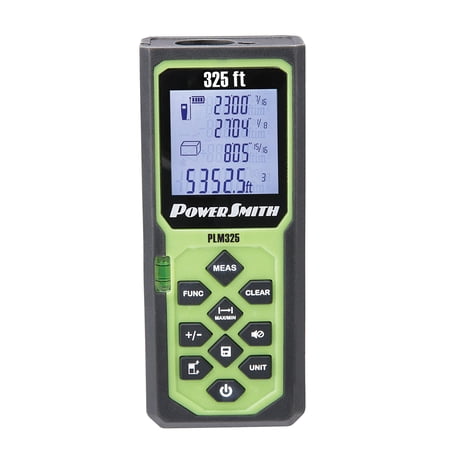 POWERSMITH PLM325 325' Weatherproof Back-Lit Digital Laser Distance Measure with Four Measuring Units, Fractional Display, Auto Shut-Off, Rubberized Grip Batteries, and Belt Holster
