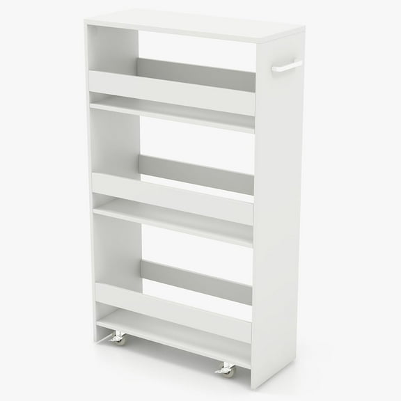 POWERSTONE 4-Tier Slim Storage Cart, Narrow Kitchen Rolling Cart w/Handle & Open Shelves, Skinny Slide Out Utility Organizer Trolley for Kitchen Bathroom Laundry Small Spaces White