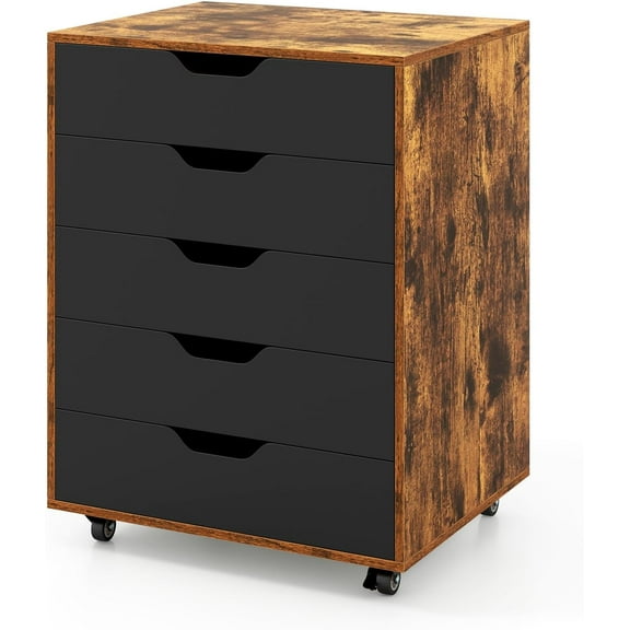 POWERSTONE 5 Drawers Chest Wood Storage Cabinets with Locking Wheels Filing Cabinet Under Desk Storage for Office Home, Coffee & Black