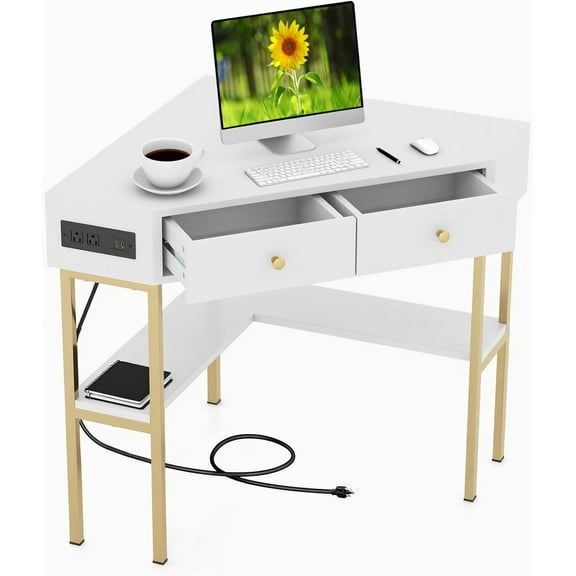 POWERSTONE Corner Desk with Charging Station & 2 Drawers, Space-Saving Makeup Vanity Triangle Computer Desk Workstation with Storage Shelves for Bedroom, Study White