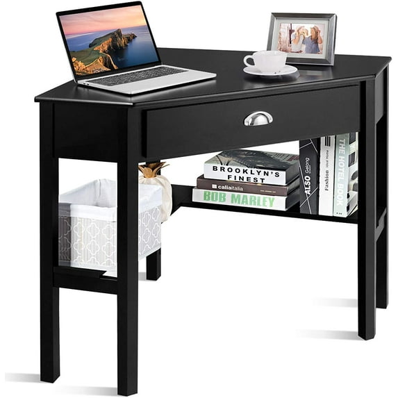 POWERSTONE Corner Desk for Small Space - Triangle Computer Writing Desk Corner Makeup Vanity Table with Storage Drawer & Shelf for Home Office, Workstation, Living Room, Bedroom,Black