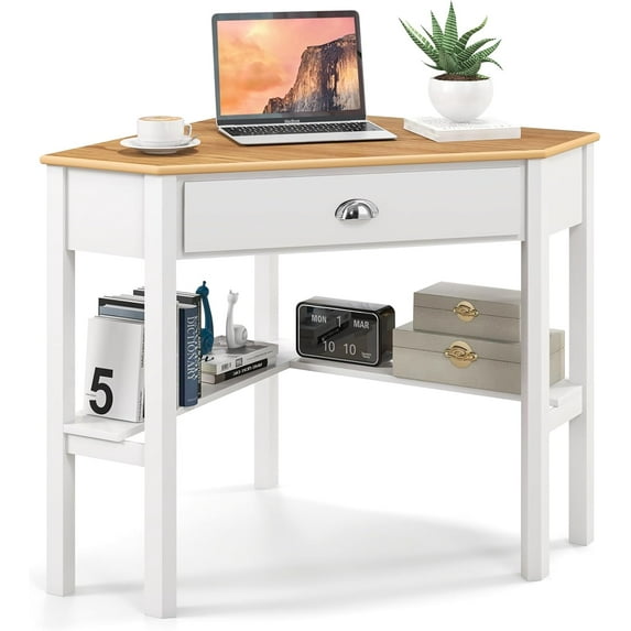 POWERSTONE Corner Desk with Drawer & Storage Shelves Small Triangle Writing Table Computer Desk Corner Vanity for Home Office Small Space Natural