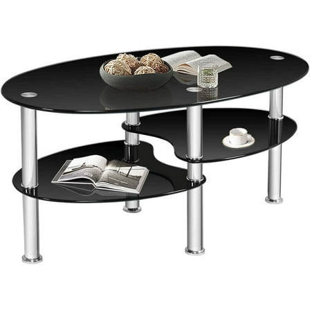 POWERSTONE Oval Black 3 Tier Tempered Glass Coffee Table Small Modern Center Table for Home Office,Living Room,Small Spaces