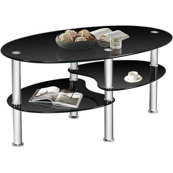 POWERSTONE Oval Black 3 Tier Tempered Glass Coffee Table Small Modern Center Table for Home Office,Living Room,Small Spaces
